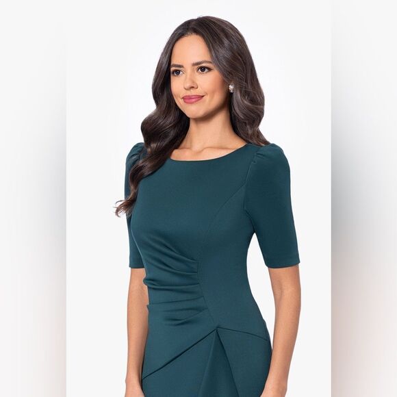 NWT XSCAPE | Hunter Green Demi 3/4 Sleeve Side Ruched Floor Length Gown 14 - Picture 3 of 14